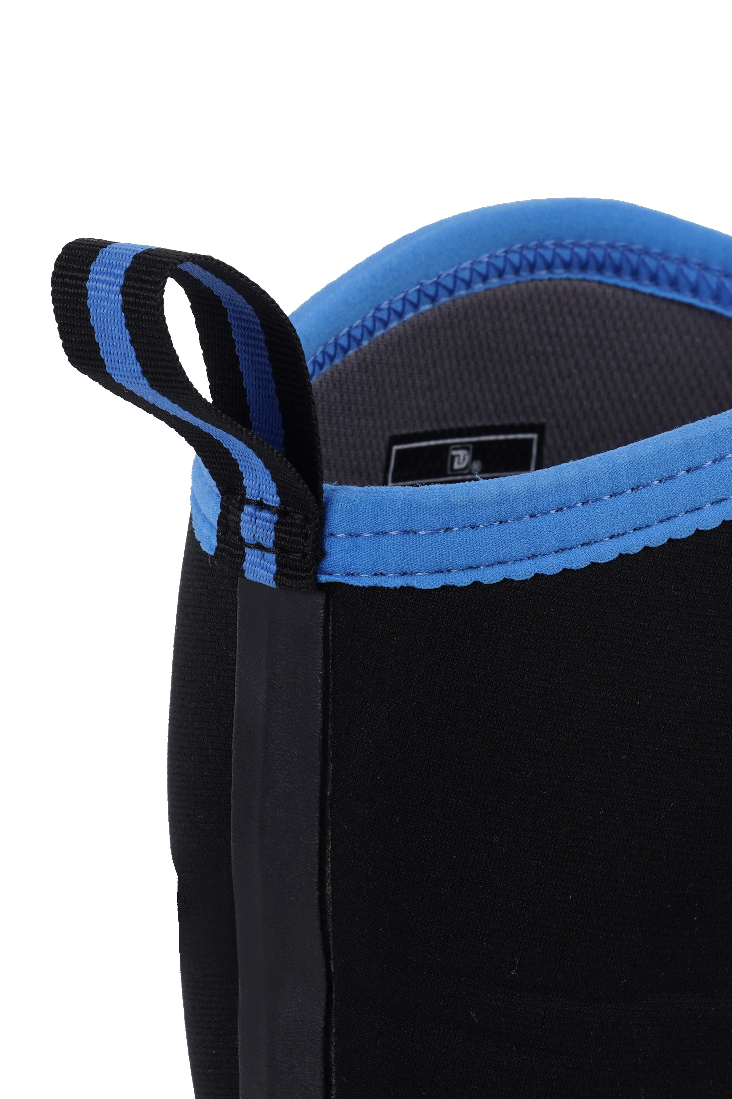 Close-up of Trudave AquaGuard Series men’s mid-calf waterproof rubber rain boots in black with blue pull loop and reinforced seam showing waterproof craftsmanship